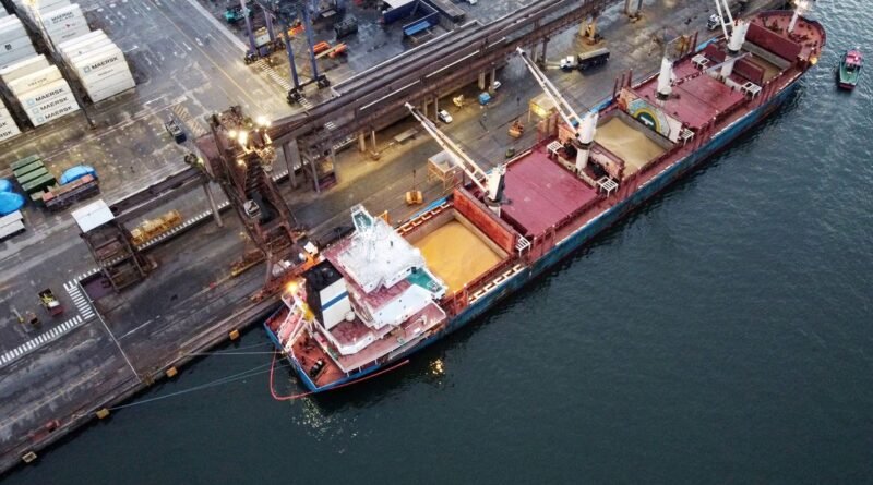 Bulk Carrier 'Discoverer' unloads U.S. soybeans at the port of Paranagua, Brazil, December 3, 2020. Picture taken December 3, 2020. Picture taken with a drone. REUTERS/Rodolfo Buhrer