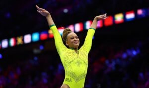 Artistic Gymnastics - 2026 World Artistic Gymnastics Championships - Rotterdam Ahoy, Rotterdam, Netherlands - October 19, 2026 Brazil's Rebeca Andrade reacts after the balance beam during the Women's Qualifications Subdivision 9 REUTERS/Yves Herman