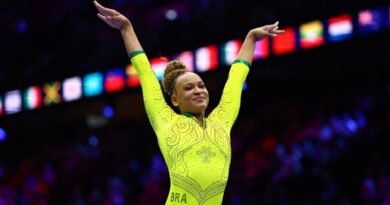 Artistic Gymnastics - 2026 World Artistic Gymnastics Championships - Rotterdam Ahoy, Rotterdam, Netherlands - October 19, 2026 Brazil's Rebeca Andrade reacts after the balance beam during the Women's Qualifications Subdivision 9 REUTERS/Yves Herman