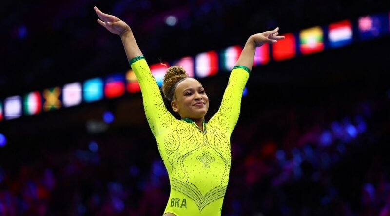 Artistic Gymnastics - 2026 World Artistic Gymnastics Championships - Rotterdam Ahoy, Rotterdam, Netherlands - October 19, 2026 Brazil's Rebeca Andrade reacts after the balance beam during the Women's Qualifications Subdivision 9 REUTERS/Yves Herman
