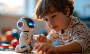 Menino interagindo com um robô educativo em uma sala de jogos iluminado . Foto: Laura/Adobestock