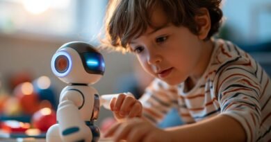Menino interagindo com um robô educativo em uma sala de jogos iluminado . Foto: Laura/Adobestock
