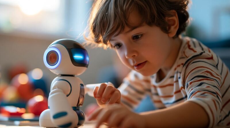 Menino interagindo com um robô educativo em uma sala de jogos iluminado . Foto: Laura/Adobestock