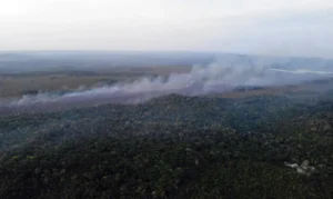 Alter do Chão, distrito de Santarém (PA), também foi atingido pelas chamas; a qualidade do ar no município é considerada insalubre nesta segunda-feira 19. Foto: Brigada de Alter do Chão (PA)/ Divulgação