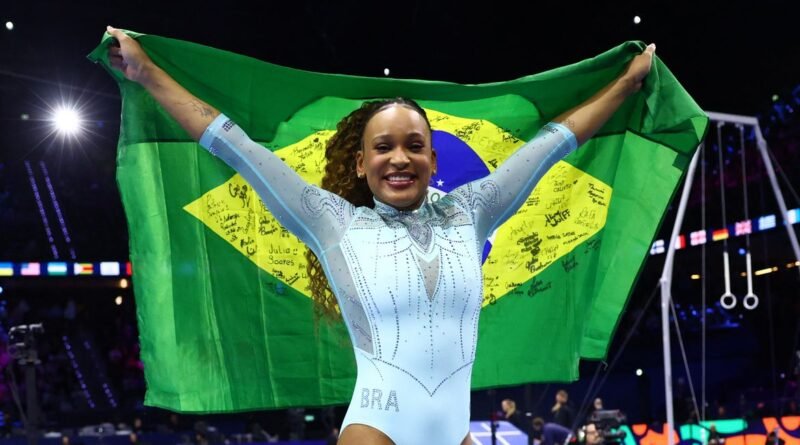 Artistic Gymnastics - 2026 World Artistic Gymnastics Championships - Rotterdam Ahoy, Rotterdam, Netherlands - October 24, 2026 Brazil's Rebeca Andrade celebrates winning the women's vault final REUTERS/Yves Herman