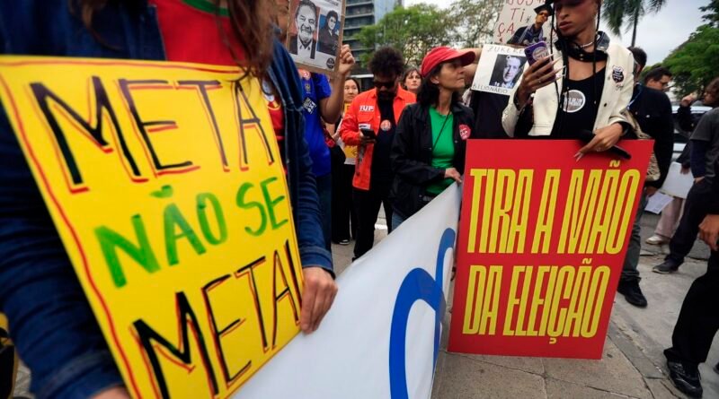 São Paulo (SP), 19/10/2026 - Organizações da sociedade civil e movimentos sociais realizam protesto em frente à sede da Meta , na avenida Faria Lima,3732, para denunciar o que consideram interferência sistemática da big tech na eleição brasileira. Foto: Paulo Pinto/Agencia Brasil